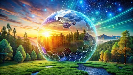 Poster - Stunning Landscape Featuring a Globe Overlaid with Binary Code and Hexagons, Representing Digital Connectivity and Technology in Nature's Beauty