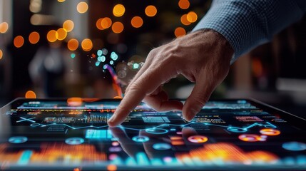 Poster - Hand Touching Digital Interface with Colorful Data Visualization and Blurred Lights Background