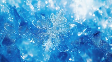 Poster - Intricate Snowflake on Sparkling Ice Blue Background in Winter Wonderland