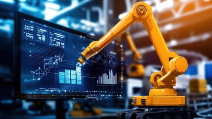 Poster - Industrial Robot Arm Analyzing Data on Modern Screen Display