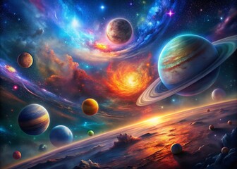 Poster - Stunning Panoramic Abstract Space Background with Vibrant Planets, Cosmic Nebulae, and Starry Skies - Perfect for Sci-Fi and Digital Art Projects