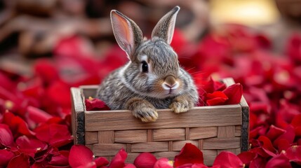 Poster - Adorable Baby Bunny In Wooden Box Amidst Red Rose Petals