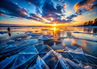 Poster - Stunning Silhouette Photography of a Frozen Landscape with Ice Patterns and Shapes in the Background, Ideal for Winter Themes and Seasonal Designs