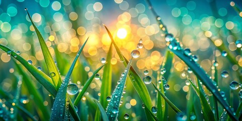 Canvas Print - Dew-Kissed Grass Blades: Close-Up Macro Photography of Emerald Green Field, Nature's Beauty, Morning Dew, Water Droplets, Lush Meadow