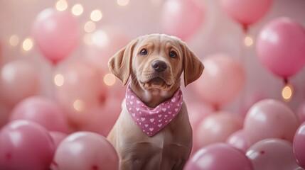 Poster - Adorable Labrador Puppy Poses Amidst Pink Balloons