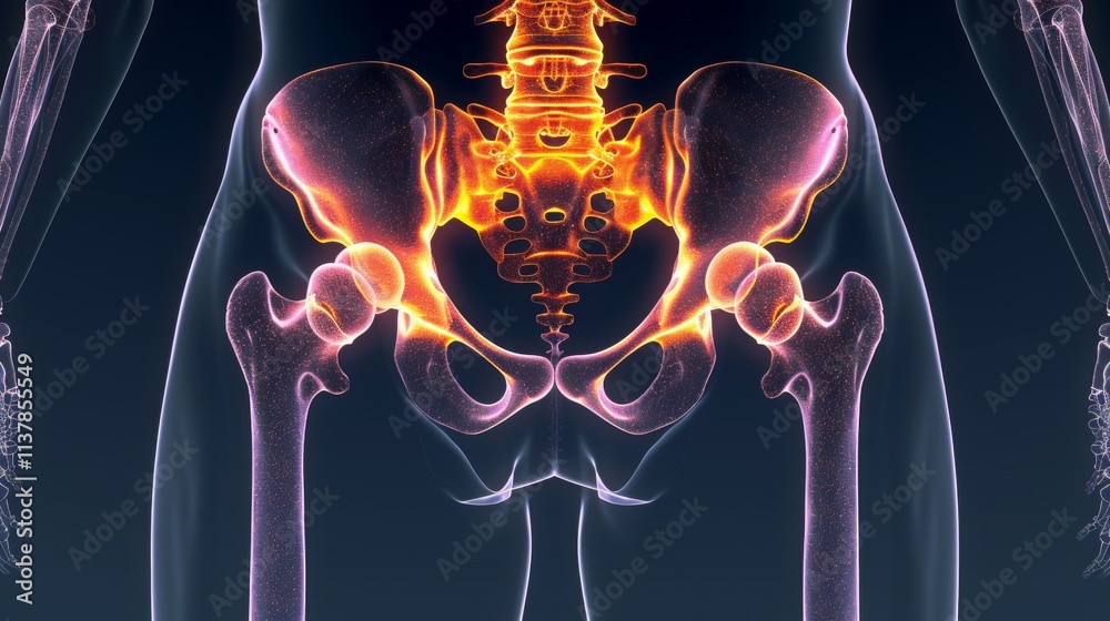 Orthopedic x ray of hip joint showing replacement implant and adjacent ...