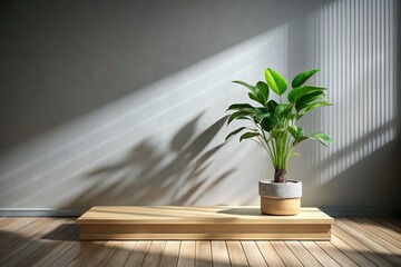 Poster - Stylish Minimalist Wooden Platform with Soft Shadows and a Plant for Elegant Product Photography in a Contemporary Setting