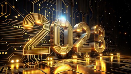 Poster - Surreal 2023 Circuit Board Design with Golden Digit Lines Over Black Background for High Technology New Year Greeting Card Concept in 3D Render