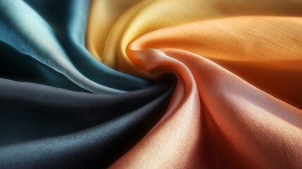 Poster - Colorful silk fabric draping in a swirling pattern showcasing vibrant hues of blue, orange, and peach at a textile studio
