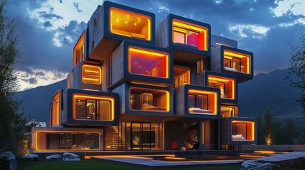 Poster - Modern brutalist architecture design scenic mountains nighttime illumination unique structure dramatic presentation