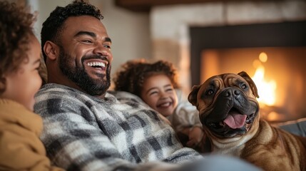 A diverse family shares a hearty laugh at home by the warm fireplace, with a cheerful bulldog dog by their side, depicting coziness and familial joy.