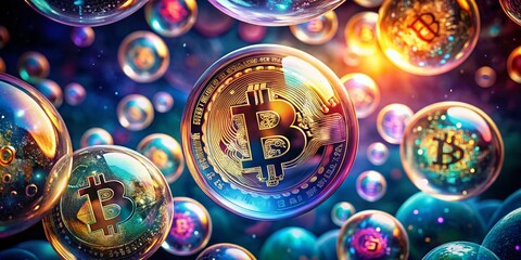 Poster - Surreal Depiction of a Bitcoin Collection Bubble with Floating Coins, Abstract Shapes, and Dreamlike Elements, Representing Financial Speculation and Digital Currency Trends