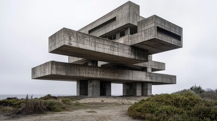 Aufkleber - Architectural photography of a minimalist brutalist building in a serene coastal landscape unique perspectives explored