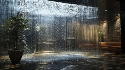 Poster - Rainfall reflections a contemporary glass installation blending urban life with nature's serenity