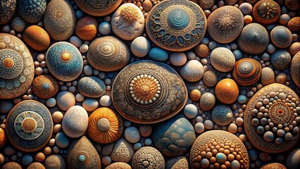 Poster - Surreal Engraved Pattern of Pebbles Creating a Dreamlike Landscape with Intricate Textures and Shadows, Perfect for Unique Backgrounds or Artistic Projects
