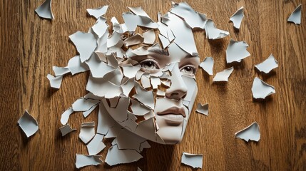 Poster - Artistic torn paper fragments forming a human face studio fine art minimalist top-down view conceptual expression