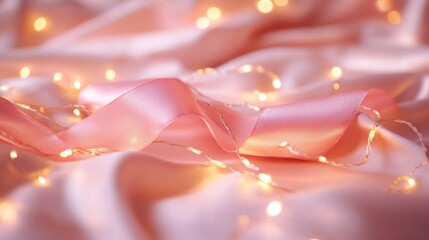 Wall Mural - Pink Satin Fabric Draped with Fairy Lights and Ribbon