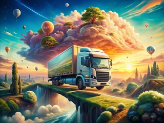 Poster - Surreal Illustration of a Cargo Truck in a Dreamlike Landscape with Floating Elements and Unusual Color Palette, Merging Reality with Imagination for Unique Visual Experience