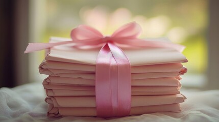 Wall Mural - Pink Papers Stacked With A Pink Ribbon Bow