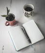 © Pablo - Foto de un cuaderno a rayas en blanco abierto sobre un escritorio junto a una pequeña planta y una taza de cafe.