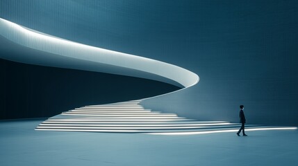 Poster - Curved staircase with modern lighting in a minimalist architectural space during daytime