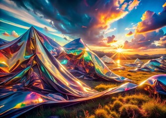 Poster - Surreal Stretch Film Foil Landscape: A Dreamlike Exploration of Reflective Surfaces and Ethereal Light Interactions in an Abstract Setting