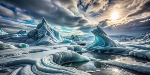 Poster - Surreal Twisted Ice Monochrome Background with Abstract Tundra Texture, Evoking Modern Aesthetics and Atmospheric Depth in a Unique Landscape Composition