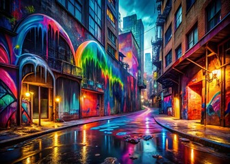 Poster - Surreal Urban Graffiti Art: Psychedelic Walls, Cityscape Murals, Abstract Street Art, Night Photography