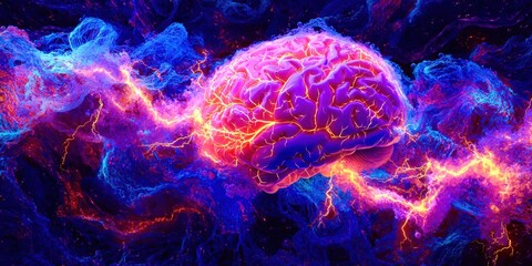 Poster - Brain is shown in a colorful, glowing background
