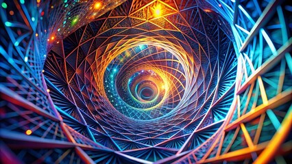 Poster - Swirling Symbols Optical Illusion: Twisted Structure in 3D Wireframe Abstract Tunnel - A Captivating Journey Through a Mind-Bending Visual Experience