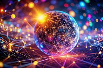 Poster - Technology Plexus Sphere Background with Animated Lines and Dots Flowing Particles in a Tilt-Shift Style for a Geometrical Space Environment