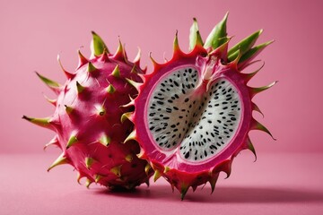 Close view of a dragon fruit raw ingredient on pink blurred background. Colorful Studio shot, harsh light.