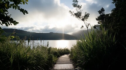 Wall Mural - pathway leads to a serene lake under soft morning light with misty hills in the background