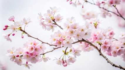 Poster - The Elegance of Japanese Cherry Blossoms in Pure White Space: A Timeless Celebration of Nature’s Simplicity and Beauty for Wallpaper and Background Use