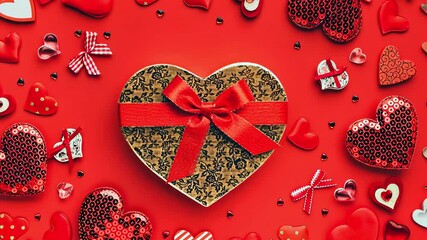 Wall Mural - Elegant heart-shaped gift box wrapped with a red bow, surrounded by various decorative hearts on a vibrant red background. Perfect for Valentines or romantic celebrations