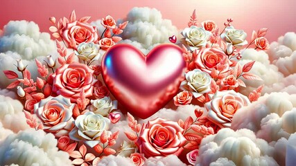 Wall Mural - Romantic Pink Heart Surrounded by Roses and Clouds in Dreamy Sky