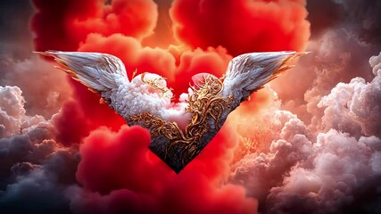 Canvas Print - A fiery heart adorned with white feathered wings and intricate gothic details, set against a dark background, exuding intensity and mystique