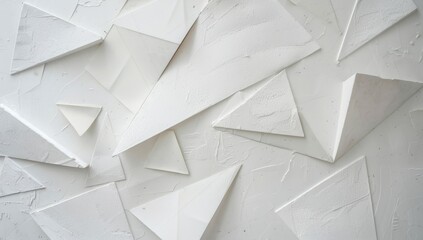 Poster - Abstract white background with triangles and hexagons, simple geometric shapes, modern design, flat lay composition, texture of paper, text or symbols.