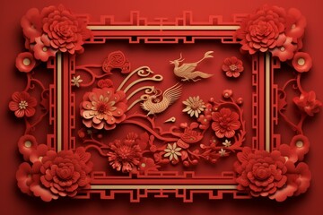 Poster - intricate red and gold chinese new year decoration showcasing phoenixes and flowers, symbolizing pro