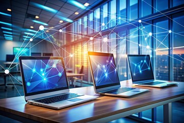Poster - Two Computers Syncing Data with Arrows Indicating Connection, Technology Concept for Remote Collaboration and Data Transfer, Modern Workspace, Digital Synchronization