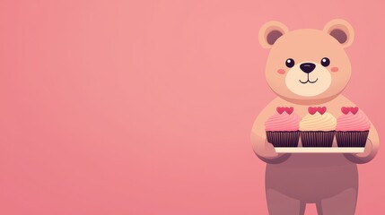 Wall Mural - Teddy bear decorative romantic Cute bear holding a dessert on a pink background, perfect for a sweet celebration.