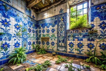 Poster - Urban Exploration of Delft Blue Porcelain Tile in Abandoned Spaces: Captivating Patterns and Cultural Heritage Reflected in Urban Decay Photography