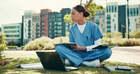 Fototapete - Writing, doctors and internship with woman and laptop in outdoor for research, healthcare resident and scholarship. Medical, university and assignment with person and notebook at hospital for study