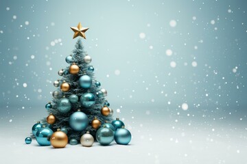 Poster - Beautiful decorated christmas tree with blue, gold and silver ornaments on snowy background