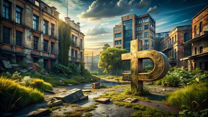 Poster - Urban Exploration Photography Featuring a Rendered 3D Symbol of the Russian Ruble Amidst an Abandoned Cityscape with Industrial Elements and Gritty Textures