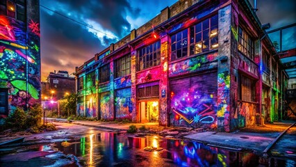 Poster - Urban Exploration Photography Featuring a Vibrant Neon Wave Pattern Illuminating Abandoned Buildings and Gritty Streets in a Nighttime Cityscape with Rich Colors and Intriguing Shadows
