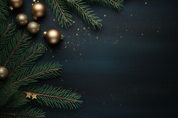 Poster - Christmas background with golden decorations and fir branches on dark blue wooden board with copy space