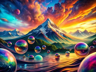 Poster - Vibrant 3D Landscape with Colorful Waves, Glossy Spheres, and Majestic Mountain Silhouette in a Stunning Double Exposure Digital Art Composition