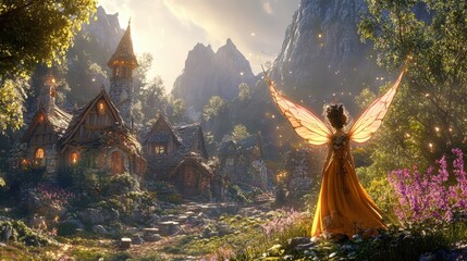 Wall Mural - Fairy Gazes Upon a Picturesque Mountain Village