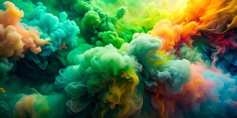 Poster - Vibrant Green Watercolor Backgrounds with Colorful Abstract Art Creations Featuring Smoke and Cloud Textures for Stunning Visual Effects in Design Projects